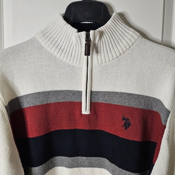 U.S. Polo Assn Men’s Large Striped Quarter Zip Sweater Cream Colorblock NWT - Picture 7 of 11